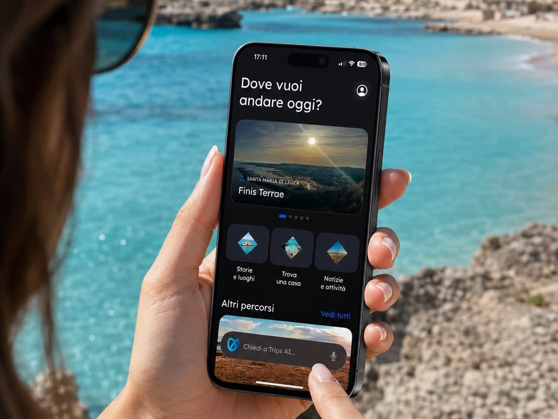 Salento Trips app shown on a phone by the sea
